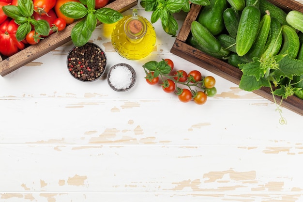 Fresh ingredients arranged on wooden table